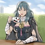  1:1 2020 :d animate_inanimate beverage black_eyes blue_eyes breasts bush_(disambiguation) byleth_(fire_emblem) close-up clothed clothing cloud crossover cup cuphead_(character) cuphead_(game) disembodied_head drinking female fire_emblem fire_emblem_three_houses for_a_head furniture hair half-closed_eyes hi_res human jacket long_hair looking_at_viewer male mammal narrowed_eyes nintendo not_furry object_head open_mouth outside red_nose red_tongue sipping sitting size_difference sky smile straw stupjam table tan_body tan_skin teal_hair tongue topwear video_games 