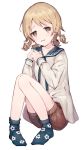  1girl @_@ blonde_hair brown_eyes brown_shorts collarbone commentary_request drill_hair eyebrows_visible_through_hair full_body highres idolmaster idolmaster_cinderella_girls looking_at_viewer medium_hair morikubo_nono ringlets shone short_shorts shorts simple_background sitting socks solo wavy_mouth white_background 