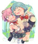  2girls arm_around_shoulder bag black_legwear black_skirt blue_hair blush blush_stickers carrying carrying_over_shoulder cheek-to-cheek closed_eyes dot_nose feet_out_of_frame floating_hair hair_ornament hair_ribbon hairclip hug hug_from_behind juliet_sleeves kaname_madoka kirikuchi_riku long_sleeves looking_at_another mahou_shoujo_madoka_magica miki_sayaka mitakihara_school_uniform multiple_girls neck_ribbon open_mouth parted_lips pink_eyes pink_hair plaid plaid_skirt pleated_skirt puffy_sleeves red_ribbon ribbon school_bag school_uniform short_hair short_twintails skirt standing thighhighs twintails uniform white_legwear 