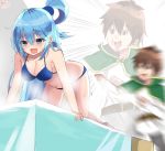  1boy 1girl all_fours aqua_(konosuba) artist_logo bikini blue_bikini blue_eyes blue_hair blurry breasts cleavage commentary_request dunk_tank hair_rings inset kono_subarashii_sekai_ni_shukufuku_wo! large_breasts long_hair motion_lines noeru_(gt17854) satou_kazuma swimsuit trembling water 