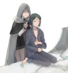  1boy 1girl bed black_hair capelet combing fate/zero fate_(series) fu_rori fur-trimmed_capelet fur_trim gray_(lord_el-melloi_ii) green_eyes grey_hair highres hood hood_up kneeling lord_el-melloi_ii_case_files morning pajamas sleepy smile time_paradox waver_velvet 