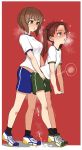  2girls :d aomushi_(mushamusha) black_legwear black_ribbon blue_shorts border breasts brown_eyes brown_hair commentary_request cum cum_on_clothes cum_on_floor cumdrip eyebrows_visible_through_hair fertilization flat_chest full_body girls_und_panzer green_shorts gym_shorts gym_uniform hair_ribbon highres impregnation insemination kadotani_anzu long_hair looking_at_viewer medium_breasts multiple_girls nishizumi_miho open_mouth ovum red_background ribbon shoes short_hair shorts simple_background smile sneakers socks sperm_cell standing tearing_up twintails white_border 