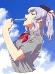  1girl blue_eyes blue_sky cloud collared_shirt food from_side grey_hair grey_shirt hand_up hat holding ishii_hisao kantai_collection kashima_(kantai_collection) neckerchief open_mouth popsicle profile red_neckwear shirt short_sleeves sidelocks sky smile solo twintails wing_collar 