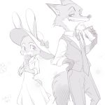  1:1 2016 anthro canid canine cheek_tuft clothed clothing disney dress duo eating facial_tuft food fox fully_clothed fur grin hat headgear headwear holding_cup holding_food holding_object judy_hopps lagomorph leporid mammal nick_wilde pawpsicle popsicle rabbit red_fox sagara_shino simple_background smile straw tuft white_background zootopia 