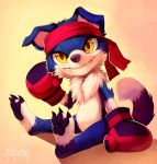  2013 anthro blue_body blue_fur boxing_gloves canid claws clothing digimon digimon_(species) falvie fangs fur gaomon handwear mammal pawpads sitting solo toe_claws white_body white_fur yellow_eyes 