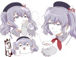  1girl bangs blue_eyes blue_headwear blush chibi closed_mouth cup drinking eyebrows_visible_through_hair gloves grey_gloves grey_hair holding holding_cup ht ishii_hisao kantai_collection kashima_(kantai_collection) multiple_views neckerchief pinky_out red_neckwear simple_background smile twintails white_background 