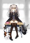  88_flak_(ash_arms) absurdres alternate_costume ash_arms bag baozi black_legwear cat commentary_request eating food full_body hair_ornament highres jacket looking_at_viewer noixen scarf school_bag school_uniform sitting table thighhighs twintails yellow_eyes 