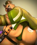  2020 anthro big_butt blush brown_body brown_fur bulge butt canid canine canis domestic_dog fur hi_res kaki_no_tane1 male mammal overweight overweight_male scar simple_background solo sumo tokyo_afterschool_summoners video_games yasuyori 