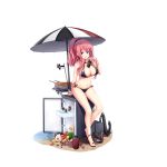  aixioo alcohol anchor apple banana beer bikini black_bikini blucher_(warship_girls_r) blue_eyes can earrings food fruit jewelry parasol pink_hair ponytail refrigerator sandals standing swimsuit toes turret umbrella warship_girls_r watermelon 