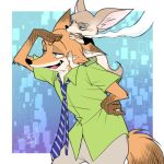  1:1 2016 anthro border bottomwear brown_body brown_fur canid canine carrying clothed clothing disney duo fennec finnick fox fully_clothed fur gloves_(marking) inner_ear_fluff mammal markings necktie nick_wilde on_shoulders pants red_fox sagara_shino shirt smoking topwear tuft white_border zootopia 
