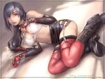  adapted_costume blue_hair boots breasts character_name cleavage elbow_gloves final_fantasy final_fantasy_vii gloves kuratch large_breasts long_hair low-tied_long_hair midriff nipple_slip nipples red_eyes red_legwear solo thighhighs tifa_lockhart 