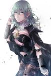  1girl armor bangs black_armor black_cape black_legwear black_shorts blurry blurry_background blush breasts byleth_(fire_emblem) byleth_(fire_emblem)_(female) cape commentary_request cowboy_shot detached_collar emblem eyebrows_visible_through_hair fire_emblem fire_emblem:_three_houses green_eyes green_hair hair_between_eyes hand_in_hair hand_up highres kisaragi_(kisaragi0530) large_breasts long_hair looking_at_viewer navel navel_cutout pantyhose patterned_clothing short_shorts shorts shoulder_armor sidelocks simple_background smile solo standing tassel white_background wrist_guards 