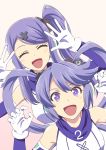  2girls :d blush bright_pupils closed_eyes copyright_request elbow_gloves facing_viewer gloves hands_up headphones ishii_hisao long_hair looking_at_viewer multiple_girls one_side_up open_mouth pink_background purple_eyes purple_hair simple_background smile white_gloves 