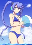  1girl ball beachball bikini blue_bikini blue_sky breasts closed_mouth cloud contrapposto copyright_request cowboy_shot d-pad d-pad_hair_ornament day eyebrows_visible_through_hair frilled_bikini frills hair_ornament headphones holding ishii_hisao long_hair looking_at_viewer medium_breasts navel outdoors purple_background purple_eyes sky solo standing swimsuit twintails very_long_hair wading 