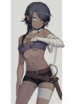  1girl arm_at_side bandaged_arm bandaged_leg bandaged_neck bandages bare_shoulders belt belt_buckle black_hair black_shorts blue_hair breasts buckle closed_mouth collarbone commentary_request dagger dark_elf dark_skin earrings elf expressionless hair_over_one_eye highres jewelry navel original pointy_ears saz8720 sheath sheathed short_hair_with_long_locks short_shorts shorts single_sidelock small_breasts stomach strapless tubetop two-tone_background underboob weapon 