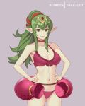  1girl armpits artist_name ass_visible_through_thighs bangs bare_arms bare_shoulders bikini breasts choker cleavage closed_mouth collarbone cowboy_shot dakkalot eyebrows_visible_through_hair fire_emblem fire_emblem_heroes green_eyes green_hair hands_on_hips headpiece high_ponytail innertube large_breasts manakete navel pink_lips pointy_ears purple_background purple_bikini red_choker sidelocks simple_background skindentation smile solo stomach swimsuit tiki_(fire_emblem) 