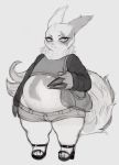  anthro belly bottomwear claws clothed clothing crookedtrees female footwear greyscale handbag hi_res high_heels midriff monochrome nintendo pok&eacute;mon pok&eacute;mon_(species) purse shirt shoes shorts slightly_chubby solo standing topwear video_games zangoose 