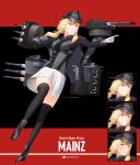  1girl absurdres black_background black_legwear blonde_hair blush cannon character_name commentary english_commentary expressions full_body gloves green_eyes greythorn032 hat highres long_sleeves looking_at_viewer looking_away military military_uniform original parted_lips peaked_cap personification pointing pointing_forward red_background rigging short_twintails signature skirt smile solo thighhighs torpedo_tubes turret twintails twitter_username two-tone_background uniform white_gloves white_skirt world_of_warships zettai_ryouiki 