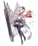  1girl asymmetrical_bangs bangs bare_shoulders bow cake detached_sleeves flower food fruit full_body grey_eyes hat high_heels ji_no looking_at_viewer menu menu_board mirror official_art pantyhose petals rose sinoalice snow_white_(sinoalice) solo strawberry transparent_background tray white_hair 