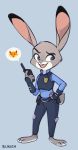  anthro barefoot blue_background buckteeth bukoya-star cheek_tuft clothed clothing disney emoji facial_tuft fully_clothed fur grey_body grey_fur holding_object judy_hopps lagomorph leporid mammal open_mouth open_smile rabbit simple_background smile solo standing teeth tuft walkie_talkie zootopia 