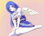  1girl :d angel_wings blue_hair blue_sash blue_skirt blush brown_eyes copyright_request dutch_angle hakama_skirt halo ishii_hisao long_hair looking_at_viewer obi open_mouth pink_background puffy_short_sleeves puffy_sleeves sash short_sleeves sitting skirt smile solo thighhighs wariza white_legwear wings 