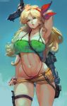  1girl absurdres annoyed arm_up armpits artist_name bare_shoulders blonde_hair blue_background breasts cleavage collarbone covered_nipples curly_hair cutesexyrobutts dragon_ball gradient gradient_background green_eyes gun highres huge_filesize long_hair lunch_(dragon_ball) medium_breasts navel paid_reward panties parted_lips patreon_reward red_bandana red_panties short_shorts shorts shorts_pull signature skindentation solo submachine_gun thighs underwear weapon 