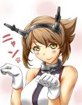  1girl bare_shoulders blush breasts brown_hair collar eyebrows_visible_through_hair gloves green_eyes headgear ishii_hisao kantai_collection large_breasts looking_at_viewer metal_collar mutsu_(kantai_collection) pink_background short_hair smile solo upper_body white_gloves 