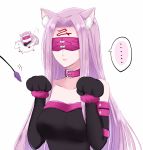  ... 1girl animal_ear_fluff animal_ears black_gloves breasts cat_ears cleavage closed_mouth collar collarbone elbow_gloves facial_mark fate/stay_night fate_(series) fur-trimmed_gloves fur_trim gloves hair_intakes large_breasts long_hair mask paw_gloves paws pink_hair rider simple_background solo speech_bubble straight_hair strapless sui_(camellia) upper_body very_long_hair white_background 