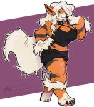  anthro arcanine big_breasts bottomwear breasts claws clothing collar crop_top fangs female fur hair hair_over_eye hi_res looking_at_viewer midriff multicolored_body multicolored_fur nintendo nut-case one_eye_obstructed orange_body orange_fur pawpads pok&eacute;mon pok&eacute;mon_(species) shirt shorts spiked_collar spikes striped_body striped_fur stripes topwear video_games white_body white_fur white_hair 