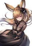  1girl animal_ears bangs black_dress black_flower black_gloves black_rose braid breasts brown_hair brown_shirt closed_mouth commentary dress erune eyebrows_visible_through_hair floating_hair flower gloves granblue_fantasy hair_between_eyes hair_flower hair_ornament highres long_hair long_sleeves looking_at_viewer medium_breasts ponytail puffy_long_sleeves puffy_sleeves red_eyes rose see-through see-through_sleeves shirt simple_background solo very_long_hair white_background ym_(distance819) yuisis_(granblue_fantasy) 