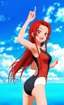  1girl :d absurdres arm_up armpits ass benjoerres blue_sky breasts cloud competition_swimsuit cowboy_shot day floating_hair hair_intakes highres huge_filesize index_finger_raised long_hair medium_breasts ocean one-piece_swimsuit open_mouth outdoors red_eyes red_hair shiny shiny_hair sky smile solo sparkle standing straight_hair swimsuit sword_art_online tiese_schtrinen very_long_hair 