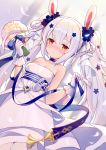  1girl absurdres animal_ears azur_lane bangs bare_shoulders blue_choker blue_flower blue_ribbon blush boku_koyuki_mx bouquet breasts bunny_ears choker closed_mouth collarbone commentary_request dress eyebrows_visible_through_hair flower gloves hair_between_eyes hair_flower hair_ornament hair_ribbon highres holding holding_bouquet laffey_(azur_lane) laffey_(white_rabbit&#039;s_oath)_(azur_lane) long_hair nose_blush red_eyes ribbon see-through sidelocks small_breasts solo strapless strapless_dress twintails very_long_hair white_dress white_gloves white_hair white_ribbon 