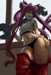  1girl absurdres animal_ear_fluff animal_ears backlighting black_panties blazblue breasts candy cat_ears cat_tail commentary crop_top dudeunderscore english_commentary food glasses hair_between_eyes halterneck hand_on_hip highres kokonoe lollipop long_hair multiple_tails navel orange_eyes oversized_object panties pants pince-nez pink_hair ponytail red_pants short_eyebrows sleeveless small_breasts solo tail thick_eyebrows thick_thighs thighs toned underwear undressing very_long_hair wrench 