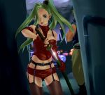  1boy 1girl blue_eyes breasts commentary_request final_fantasy final_fantasy_vi fingerless_gloves gloves green_hair jewelry katana long_hair looking_at_viewer ponytail quot star sword tina_branford weapon 