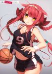  1girl absurdres ball bare_shoulders basketball basketball_uniform black_shorts black_tank_top blush braid breasts chestnut_mouth cleavage cowboy_shot ezoshika gradient gradient_background grey_background hair_ribbon highres jersey kantai_collection kawakaze_(kantai_collection) long_hair looking_at_viewer low_twintails medium_breasts navel parted_lips red_hair ribbon scan short_shorts shorts sidelocks solo sportswear sweat tank_top twin_braids twintails very_long_hair white_wristband wristband 