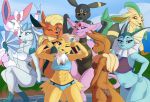  2020 anthro big_breasts bikini blue_body blush bottomwear breasts brown_body brown_fur clothed clothing digital_media_(artwork) eevee eeveelution espeon female flareon fur glaceon grumpy_griffin_creations hair huge_breasts jolteon leafeon looking_at_viewer navel nintendo open_mouth pok&eacute;mon pok&eacute;mon_(species) simple_background smile standing swimwear sylveon thick_thighs tongue tongue_out topwear umbreon vaporeon video_games white_body white_fur yellow_body yellow_fur 