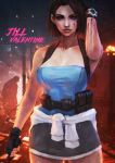  1girl absurdres backpack bag bare_shoulders belt belt_pouch blood blood_on_face blue_eyes breasts brown_hair casual cleavage clenched_hand clothes_around_waist combat_knife commentary english_commentary eyeshadow fingerless_gloves gloves gun hand_in_hair handgun highres jill_valentine knife large_breasts lips makeup miniskirt monori_rogue no_bra nose post-apocalypse pouch resident_evil resident_evil_3 reverse_grip short_hair skirt slender_waist solo strapless thick_eyebrows thighs watch weapon wristwatch zombie 