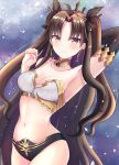  1girl absurdres armlet asymmetrical_sleeves bangs bare_shoulders black_bikini_bottom black_hair blush breasts closed_mouth detached_collar detached_sleeves earrings fate/grand_order fate_(series) highres hoop_earrings ishtar_(fate)_(all) ishtar_(fate/grand_order) jewelry long_hair looking_at_viewer navel neck_ring parted_bangs red_eyes ripi_ur single_detached_sleeve smile solo tiara two_side_up white_bikini_top 