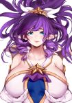  1girl bare_shoulders blue_eyes blush breasts closed_mouth collarbone elbow_gloves gloves highres janna_windforce large_breasts league_of_legends long_hair mamimi_(mamamimi) pink_lips pointy_ears purple_hair simple_background smile solo upper_body white_background white_gloves 