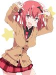  1girl bat_hair_ornament black_shirt breasts brown_cardigan cardigan eyebrows_visible_through_hair gabriel_dropout hair_ornament hands_up ixy kurumizawa_satanichia_mcdowell large_breasts long_sleeves looking_at_viewer necktie open_mouth plaid plaid_skirt red_eyes red_hair red_neckwear red_skirt shirt short_hair simple_background skirt solo star white_background 
