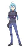  1girl ahoge blue_eyes blue_hair blue_pants contrapposto copyright_request crossed_arms full_body grey_jacket grin hair_between_eyes ishii_hisao jacket leg_strap long_sleeves looking_at_viewer original pants simple_background smile solo standing white_background 