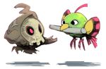  baton_pass_(pokemon) bird black_eyes bummerdude claws commentary creature duskull english_commentary eye_contact floating flying full_body ghost helping_hand_(pokemon) looking_at_another mouth_hold natu no_humans pink_eyes pokemon pokemon_(creature) 