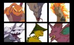 aerodactyl aggron black_border border brown_eyes cacturne commentary creature english_commentary face fangs fiery_hair fire from_side gen_1_pokemon gen_3_pokemon gen_4_pokemon horn horns looking_at_viewer looking_to_the_side lopunny mean_look_(pokemon) nidoking no_humans one_eye_closed pokemon pokemon_(creature) profile rapidash sharp_teeth spikes teeth tongue tongue_out totodiletears unicorn 