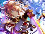  armor blue_eyes clouds elbow_gloves gloves jie_laite orange_hair ponytail sky sword tagme_(character) weapon 