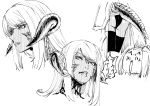  1girl ass au_ra chibi chibi_inset closed_mouth commentary_request dark_skin final_fantasy final_fantasy_xiv greyscale horns ishii_hisao looking_at_viewer monochrome monster_girl portrait scales simple_background solo tail thighhighs white_background 