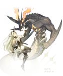  1girl armor bare_shoulders blonde_hair braid closed_eyes closed_mouth dragon fire gloves glowing glowing_eyes greaves highres horn light_blush long_hair original platinum_blonde_hair scales sdr1989 thighhighs vambraces yellow_eyes 