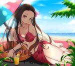  1girl absurdres beach black_hair blue_sky blurry blurry_background breasts brown_hair cleavage closed_mouth cloud collarbone day drinking_straw erdongjinming gradient_hair groin hair_ribbon head_tilt highres innertube juice kamado_nezuko kimetsu_no_yaiba lens_flare long_hair looking_at_viewer medium_breasts multicolored_hair navel ocean outdoors palm_tree parasol pink_eyes pink_ribbon red_bikini_top ribbon sarong sideboob sky smile solo sparkle tree umbrella very_long_hair 