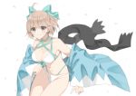  1girl ahoge aqua_bow bikini black_scarf bow breasts cherry_blossoms commentary_request cowboy_shot fate/grand_order fate_(series) grey_eyes hair_bow halterneck haori japanese_clothes light_brown_hair looking_at_viewer medium_breasts navel off_shoulder okita_souji_(fate)_(all) okita_souji_(swimsuit_assassin)_(fate) oshage_(user_kpsn5534) scarf scarf_removed short_hair simple_background smile solo swimsuit white_background white_bikini 