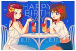  blue_eyes breasts brown_eyes brown_hair closed_mouth dress drink happy_birthday izayoi_aki looking_at_viewer mazaki_anzu multiple_girls nns146 open_mouth red_hair short_hair shorts simple_background smile yuu-gi-ou yuu-gi-ou_5d&#039;s yuu-gi-ou_duel_monsters 