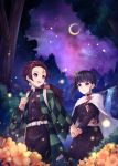  1boy 1girl :d black_hair black_hakama black_jacket black_skirt blurry_foreground brown_hair burn_mark butterfly_hair_ornament checkered_haori closed_mouth earrings eye_contact flower forest hair_ornament hakama highres holding_hands jacket japanese_clothes jewelry kamado_tanjirou kimetsu_no_yaiba long_sleeves looking_at_another medium_skirt military military_jacket military_uniform nature night night_sky open_mouth pleated_skirt plus1024 purple_eyes purple_sky red_eyes sheath sheathed shiny shiny_hair short_hair side_ponytail skirt sky smile sparkle star_(sky) starry_sky sword tsuyuri_kanao uniform water waterfall weapon yellow_flower 